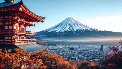 Red pagoda with snowy mountain and city below under clear sky.
