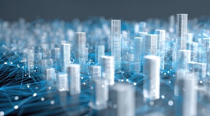 Abstract cityscape, digital network.  A network of interconnected, translucent white structures resembling buildings, overlaid on a dark background with a complex web of  light-blue lines and points