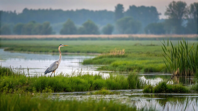 Grey heron standing in a wetland area with green grass and water during day