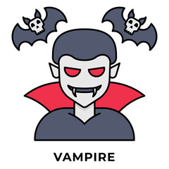 Vampire Icon, Halloween Dracula Character with Fangs and Cape, Icon Line Color Style