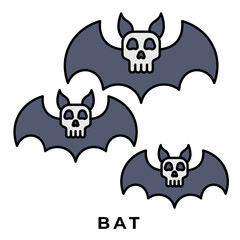 Bat Icon, Flying Halloween Bat Silhouette in Night Sky, Icon Line Color Style