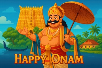 Happy onam card illustration with iconic symbols.