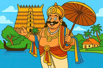Onam poster illustration with iconic symbols.