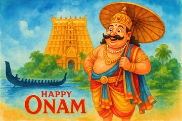 Happy onam watercolor poster illustration with iconic symbols.
