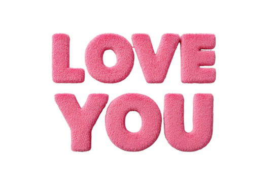 Pink Plush Love You Text on Transparent Background Romantic Message for Valentine Day