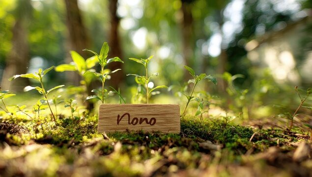 A light-brown wooden plaque with the word "Nono" etched into it sits on a bed of moss and small, vibrant green plants. 