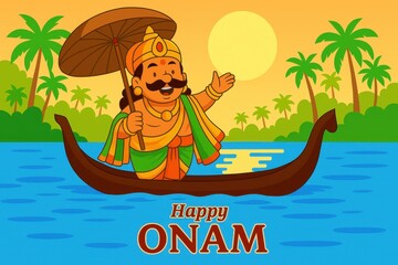 Onam poster illustration with king mahabali in boat.