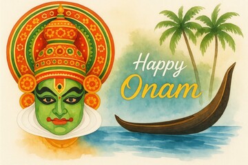 Happy onam watercolor card illustration.