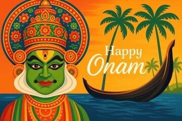 Happy onam card illustration with snake boat and kathakali dancer face.
