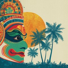 Onam poster illustration with palm leaves and kathakali dancer face.
