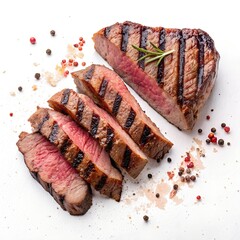 Slices of grilled beef with dark grill marks and juicy texture, isolated on transparent background, photorealistic, top view, studio lighting
