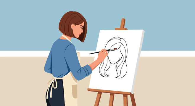 Illustration of a female artist painting on a canvas, artistic creation and creative pursuit