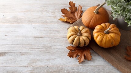 pumpkins and autumn leaves on wooden table