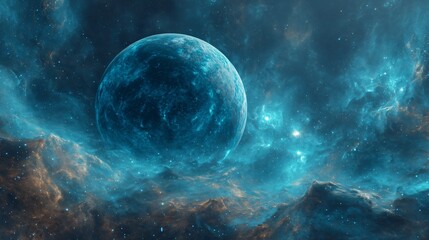 Mystical Blue Nebula Planet in Cosmic Backdrop