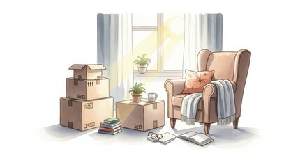 Fototapeta premium Sunny New Home: Moving Day Comfort - New beginnings, cozy armchair, sunlit room, packed boxes, peaceful transition. Symbolizing comfort, hope, new chapter, home, relaxation