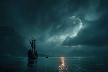 Dark, stormy seascape.  Old ship under a full moon