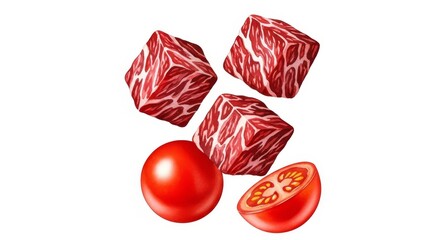 Suspended Beef Cubes and Tomatoes - Fresh beef cubes and ripe tomatoes levitate against a white backdrop, symbolizing freshness, vitality, culinary artistry, deliciousness, and healthy ingredients