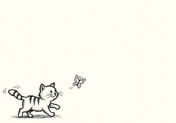 A lively hand-drawn cat chases a playful butterfly, creating a charming and dynamic sketch illustration on a clean white background with generous negative space