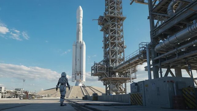 An astronaut stands in awe before a towering rocket on the launch pad, ready to embark on a journey beyond Earth, surrounded by massive structures and clear blue skies.