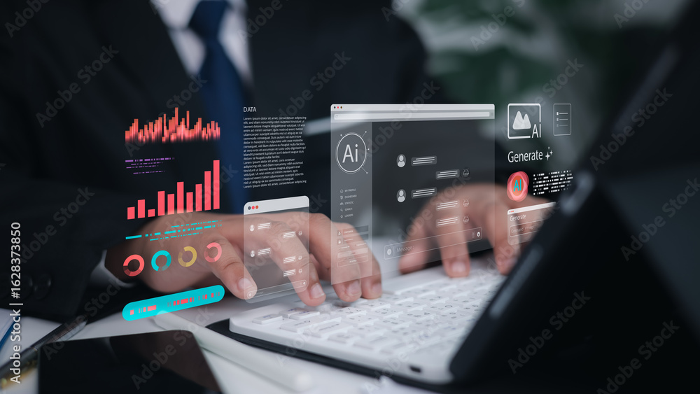 Poster businessman using ai tools and big data analytics on virtual screen at workplace. technology, busine