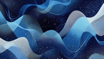 Abstract swirling waves of blue and white on a dark background, speckled with tiny stars