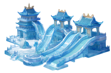 Ice slide playground, ice-carved children's slides, transparent material, cartoon-style, cute shapes, no background 