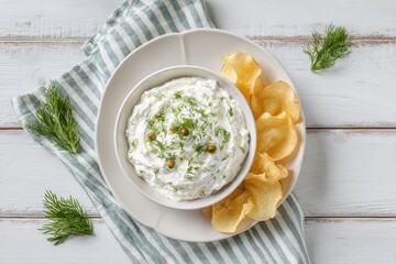 Creamy dill dip in a bowl, served with potato chips on a white wooden surface
