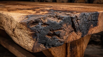 Close-up of a rustic wooden table edge with charred detail