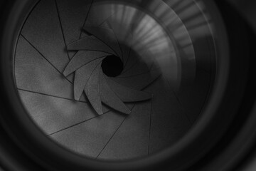 Macro camera lens,Photo Camera or Video lens close-up on black background, objective, concept of photographer camera man job, looking for a photographer, journalist, a videographer to work black.