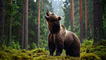 Obraz premium Majestic Brown Bear Roaring in Lush Forest Environment