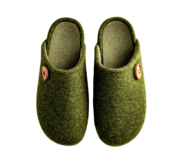 Olive-green felt slippers, pair, overhead view.  Small, rounded toe, open-style.  Light-brown button on each.  Soft material