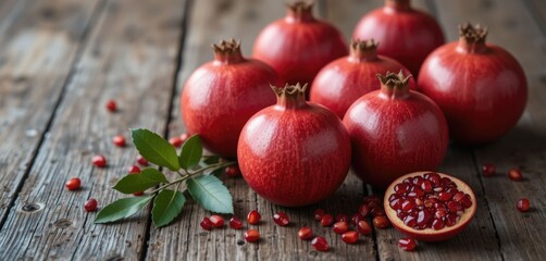 A rustic wooden table with ripe red pomegranates and seeds