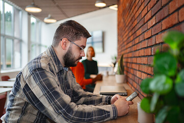 Man Sitting at Table Using Cell Phone