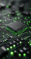 Close-up of a circuit board with a central processor chip.  Green lights illuminate the intricate pathways