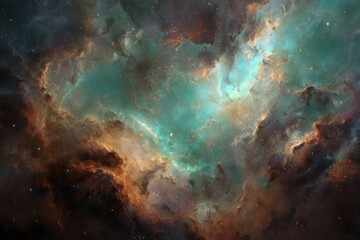 Colorful cosmic nebula with swirling gases, shimmering dust, and distant stars in teal, brown, and orange tones, ideal for astronomy lovers and celestial art enthusiasts