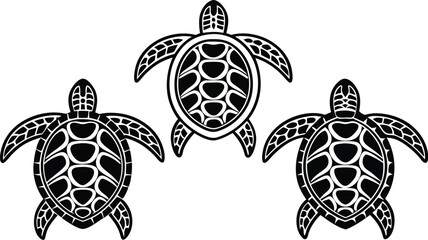 Fototapeta premium Three stylized black and white sea turtles with intricate patterns swimming together in a symmetrical arrangement