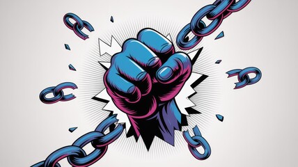Powerful fist breaking chains representing freedom strength and breaking limitations illustrating a concept of empowerment and victory.