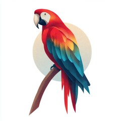 Obraz premium Vibrant Red and Blue Parrot Perched on Branch with Circular Background Graphic Art Illustration