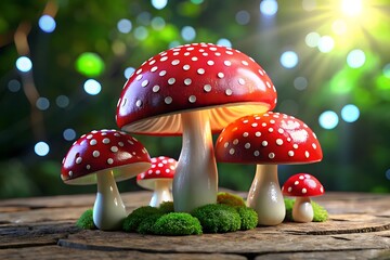 Magical glowing red mushrooms with white spots in a mystical forest setting