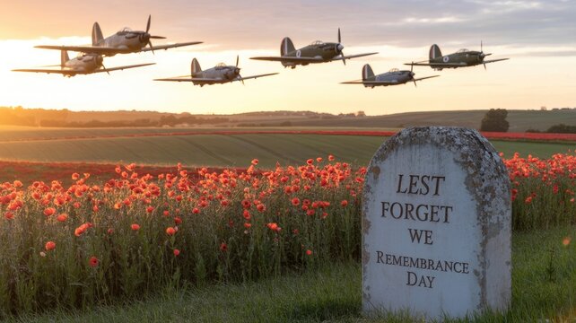 Remembrance day commemoration a formation of warplanes flies over a poppy field with a memorial stone
