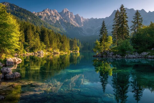 Charming summer tranquility at fusine lake, radiant dawn light highlighting julian alps and mangart peak, ideal for adventure seekers and photography aficionados craving stunning scenery