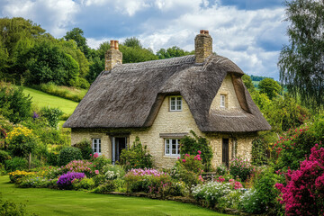 Fototapeta premium A small house with a thatched roof and a garden in front of it