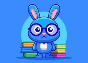 Cute blue bunny character wearing glasses standing next to books