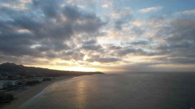 Drone flight over the beach in Cabo San Lucas, the tip of Baja California Sur, Mexico.