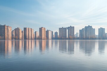 Fototapeta premium A panoramic shot of an urban skyline reflected in floodwaters with only rooftops breaking the watery horizon