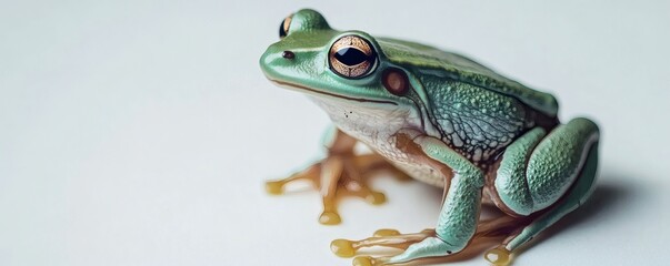 A vivid green frog rests on a seamless pristine white background