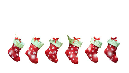 Photo of a row of six red christmas stockings with green trim and white snowflakes, isolated on a transparent background