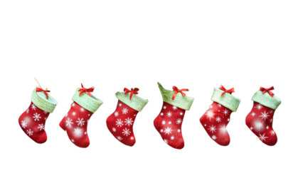Photo of a row of six red christmas stockings with green trim and white snowflakes, isolated on a transparent background