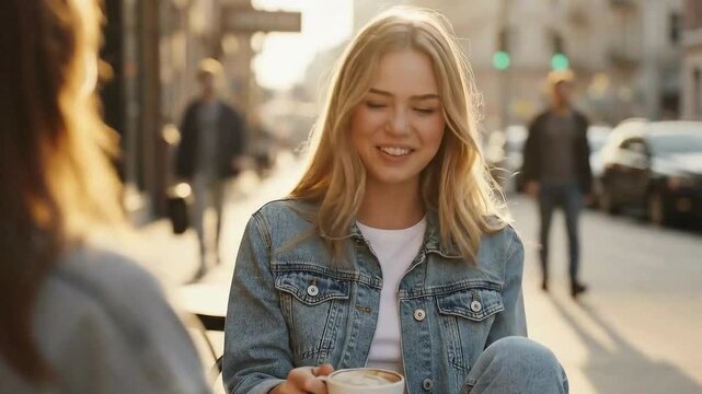 Blonde Woman Laughs Enjoying Coffee Outdoors City Street