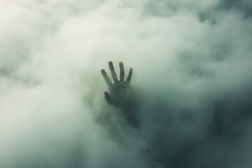 A lone hand reaching through a small gap in a thick fog the fingers blurred symbolizing the search for connection
